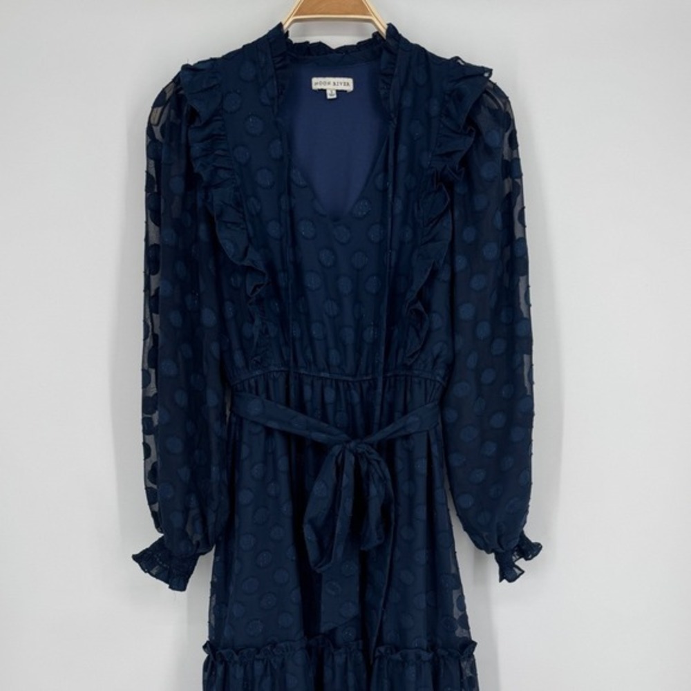 Moon River Navy Polka Dot Midi Dress Small Sheer Long Sleeve Ruffle Tie Belt - Picture 4 of 11